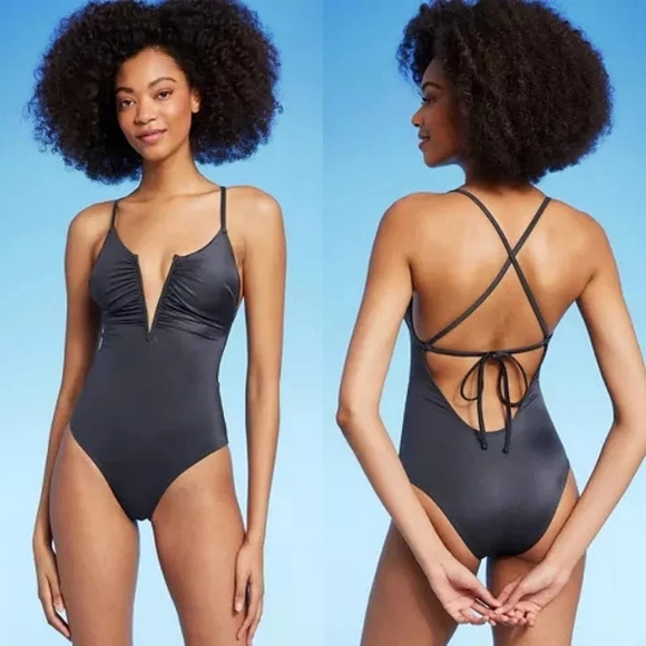 Shade & Shore Shirred V-Wire Plunge One Piece Swimsuit Shine Dark Gray‎ Size M - Picture 2 of 12